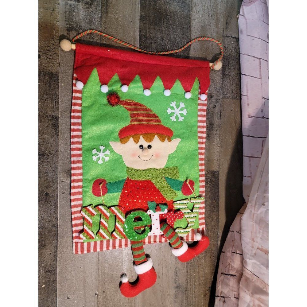 Merry Xmas elf felt banner sign decor‎ snowflake red green